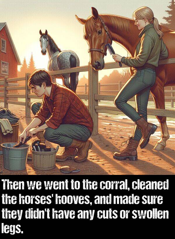 any: Then we went to the corral, cleaned the horses' hooves, and made sure they didn't have any cuts or swollen legs.