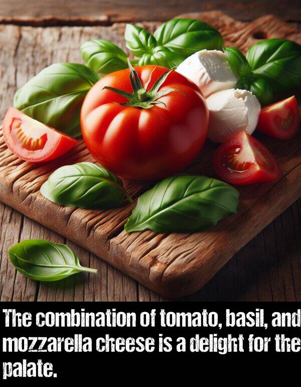 delight: The combination of tomato, basil, and mozzarella cheese is a delight for the palate.