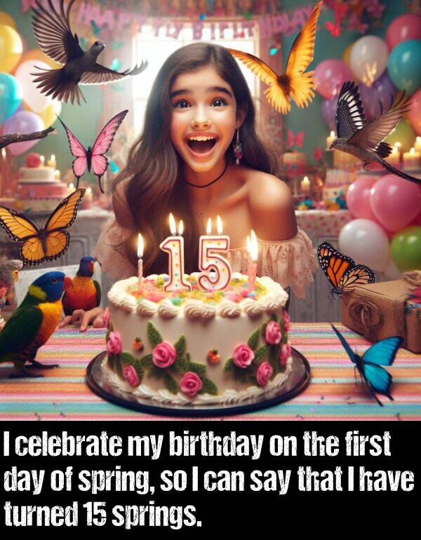 birthday: I celebrate my birthday on the first day of spring, so I can say that I have turned 15 springs.