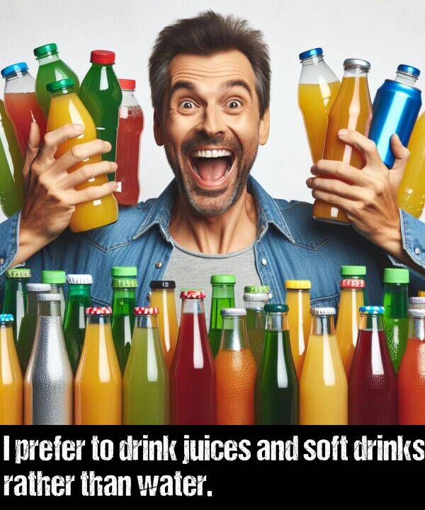 prefer: I prefer to drink juices and soft drinks rather than water.