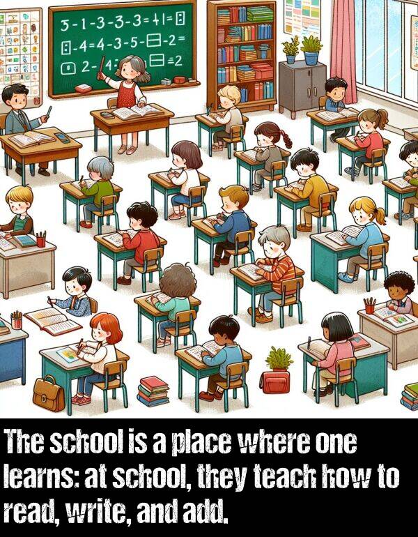 add: The school is a place where one learns: at school, they teach how to read, write, and add.