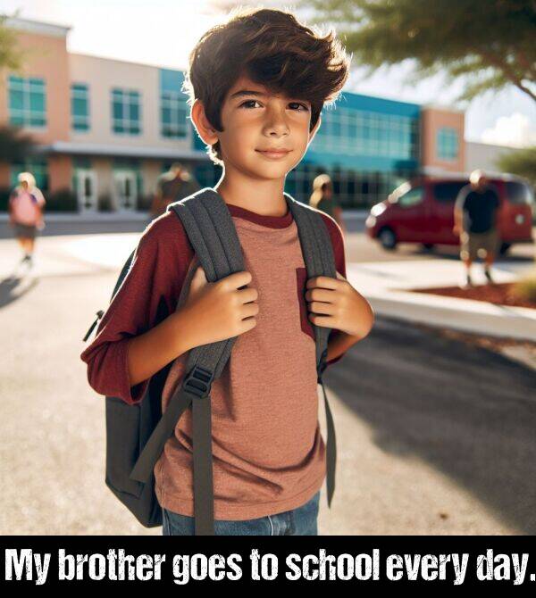 every: My brother goes to school every day.