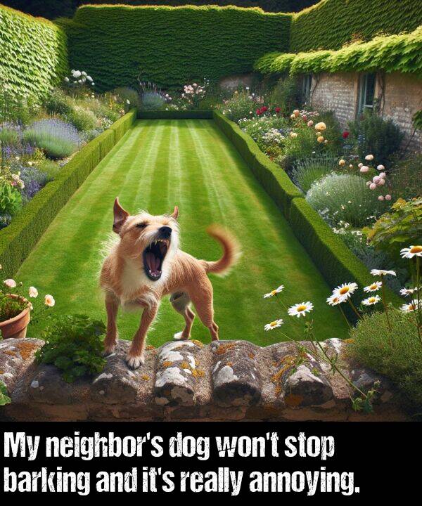 annoying: My neighbor's dog won't stop barking and it's really annoying.