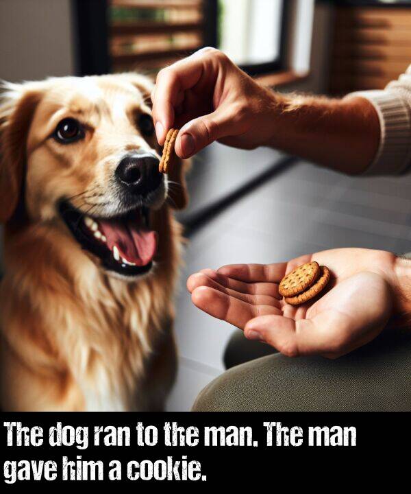 man: The dog ran to the man. The man gave him a cookie.