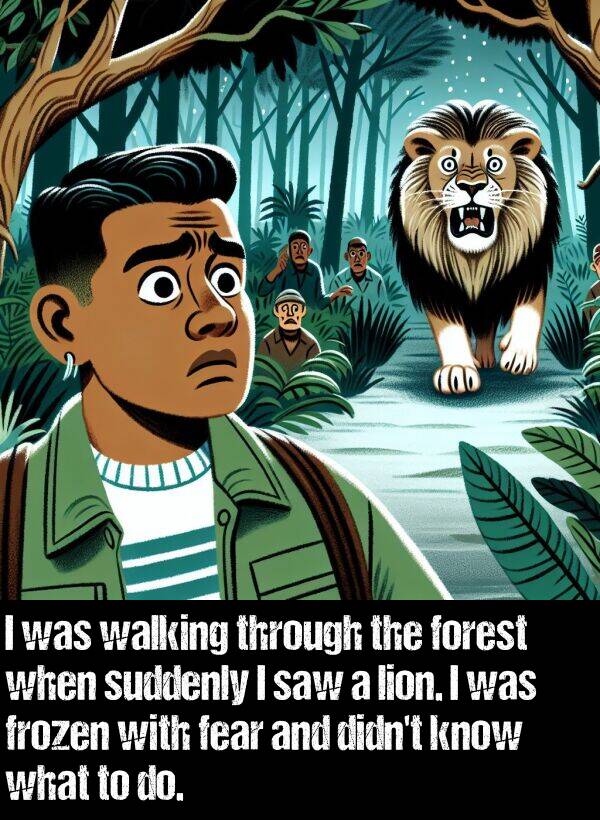 lion: I was walking through the forest when suddenly I saw a lion. I was frozen with fear and didn't know what to do.