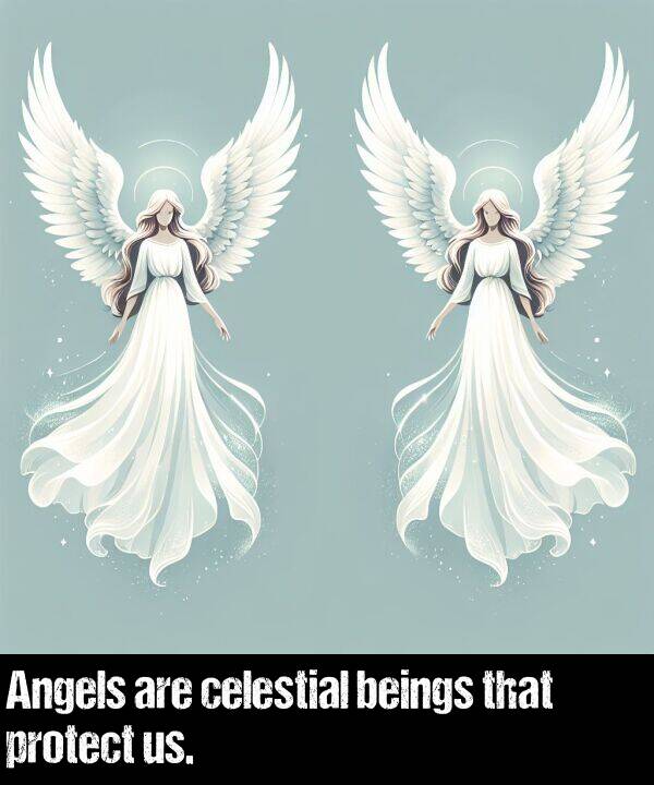 us: Angels are celestial beings that protect us.