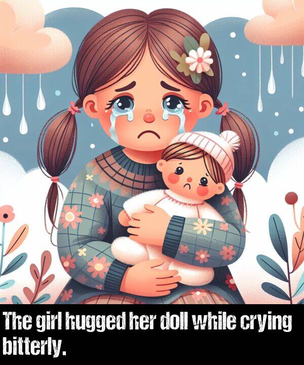 crying: The girl hugged her doll while crying bitterly.