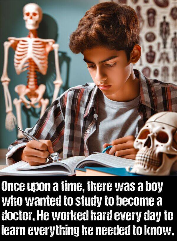 learn: Once upon a time, there was a boy who wanted to study to become a doctor. He worked hard every day to learn everything he needed to know.