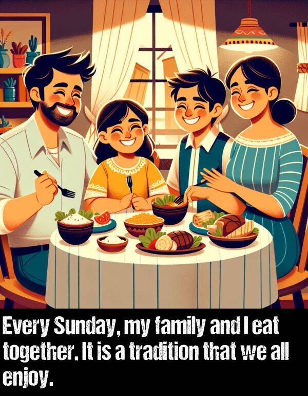 enjoy: Every Sunday, my family and I eat together. It is a tradition that we all enjoy.