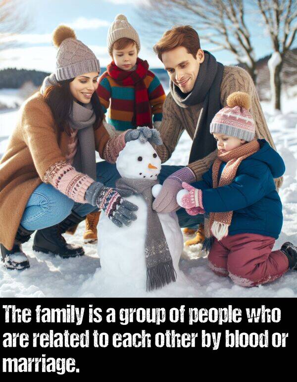 group: The family is a group of people who are related to each other by blood or marriage.