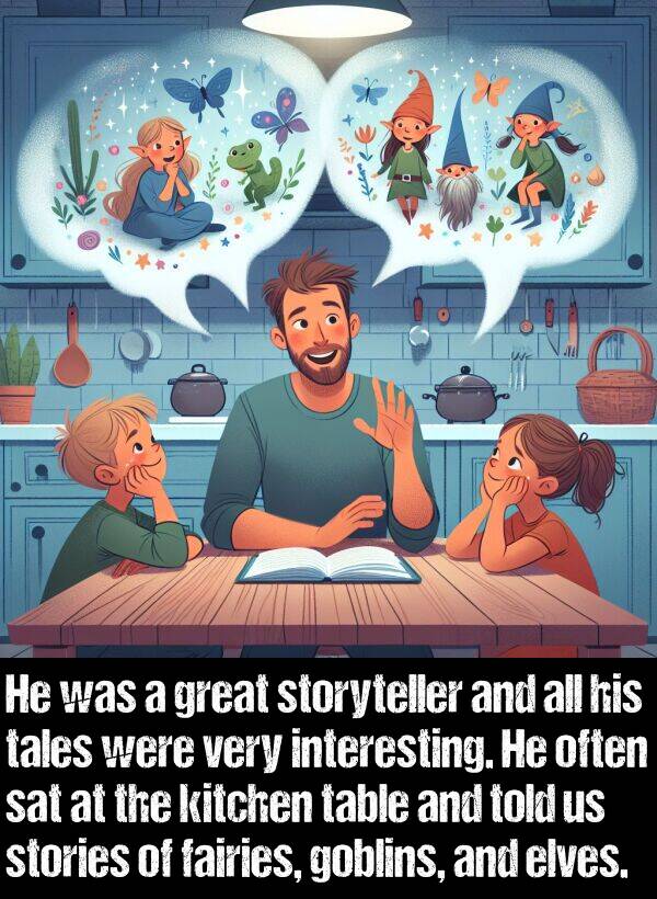 often: He was a great storyteller and all his tales were very interesting. He often sat at the kitchen table and told us stories of fairies, goblins, and elves.