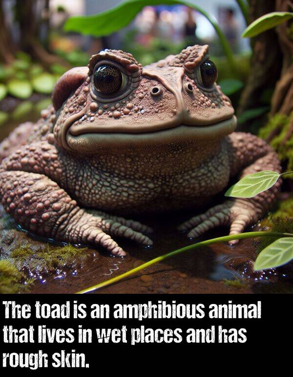 lives: The toad is an amphibious animal that lives in wet places and has rough skin.