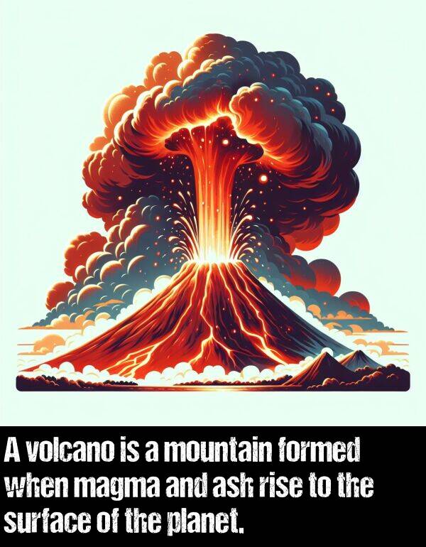 formed: A volcano is a mountain formed when magma and ash rise to the surface of the planet.