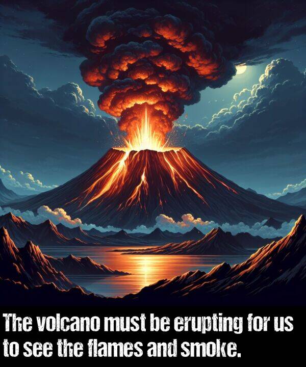 see: The volcano must be erupting for us to see the flames and smoke.