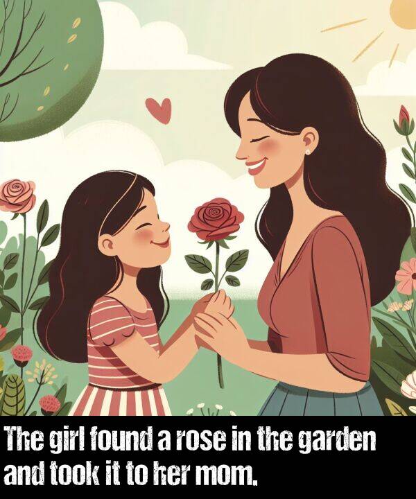 garden: The girl found a rose in the garden and took it to her mom.