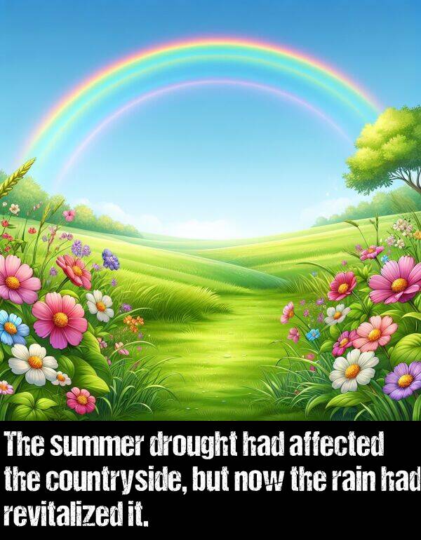 summer: The summer drought had affected the countryside, but now the rain had revitalized it.