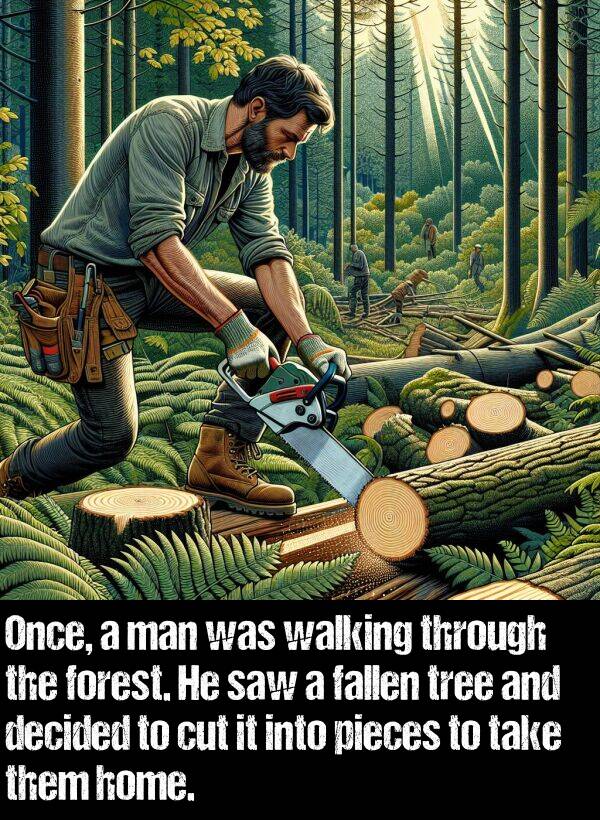 them: Once, a man was walking through the forest. He saw a fallen tree and decided to cut it into pieces to take them home.