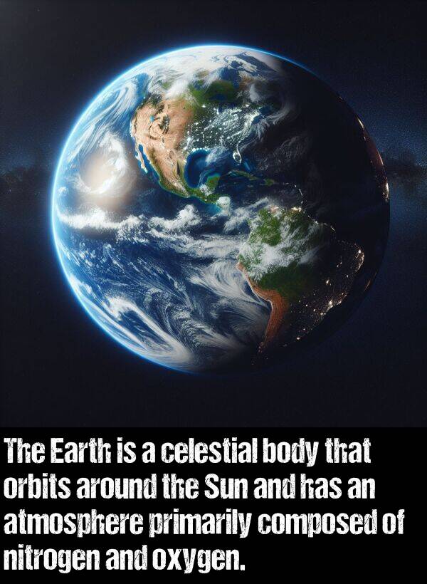 body: The Earth is a celestial body that orbits around the Sun and has an atmosphere primarily composed of nitrogen and oxygen.