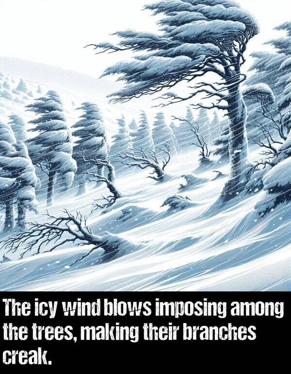 among: The icy wind blows imposing among the trees, making their branches creak.