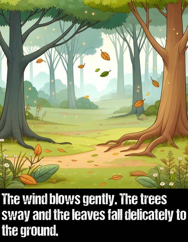 ground: The wind blows gently. The trees sway and the leaves fall delicately to the ground.