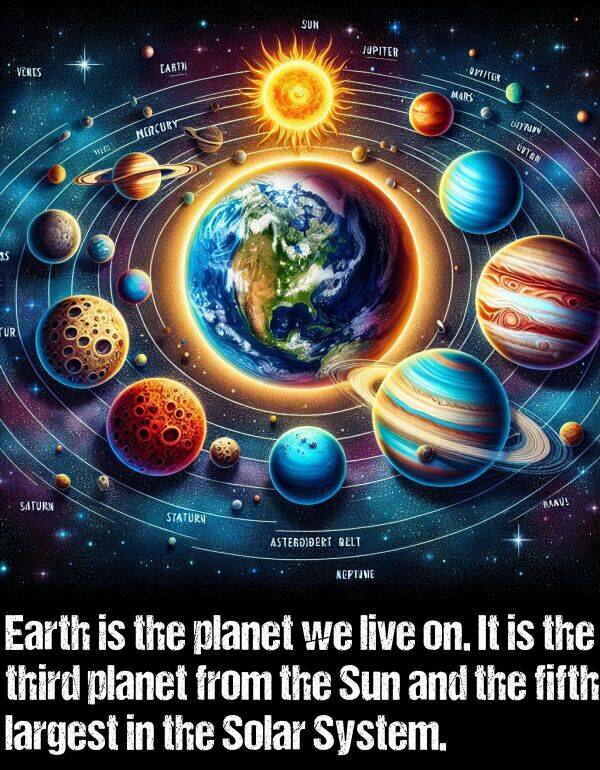 largest: Earth is the planet we live on. It is the third planet from the Sun and the fifth largest in the Solar System.