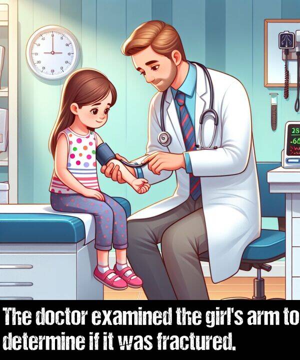 determine: The doctor examined the girl's arm to determine if it was fractured.