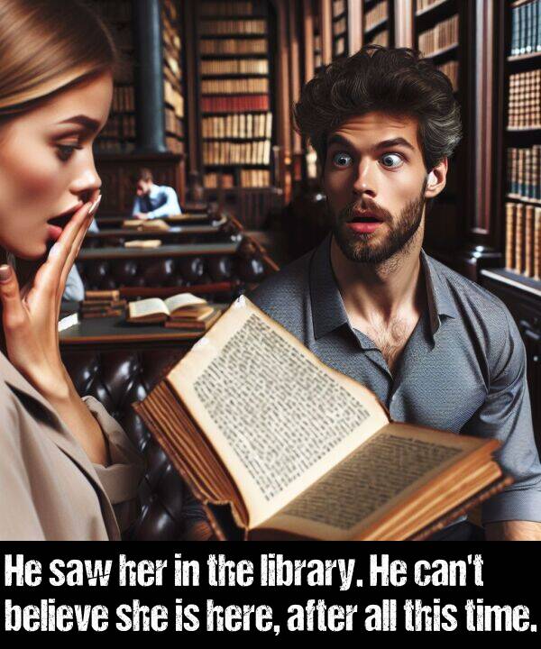 library: He saw her in the library. He can't believe she is here, after all this time.