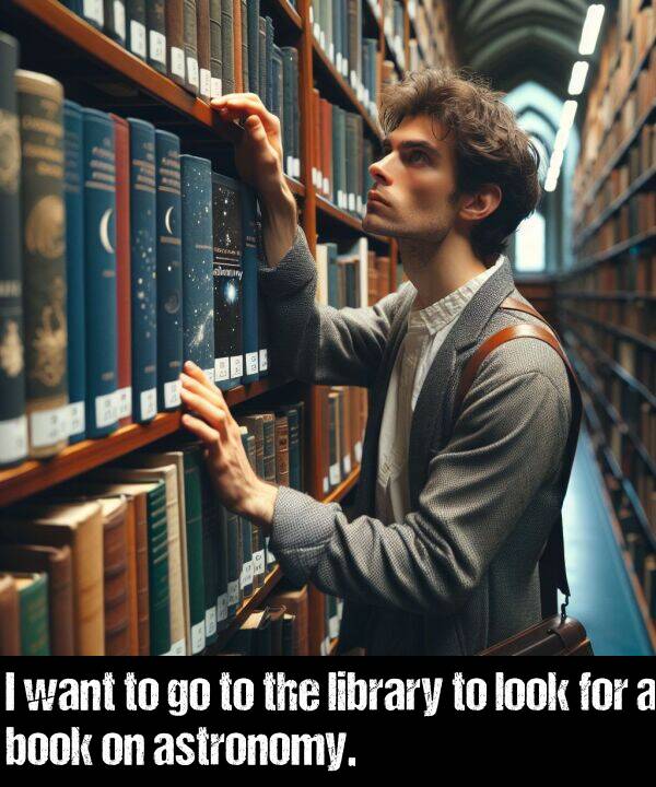 library: I want to go to the library to look for a book on astronomy.