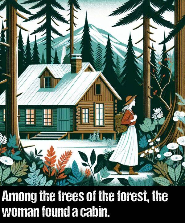 found: Among the trees of the forest, the woman found a cabin.