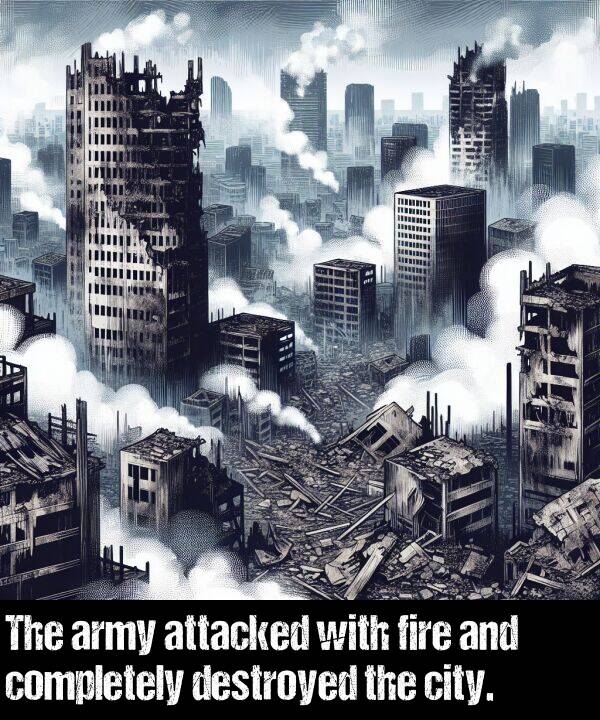 destroyed: The army attacked with fire and completely destroyed the city.