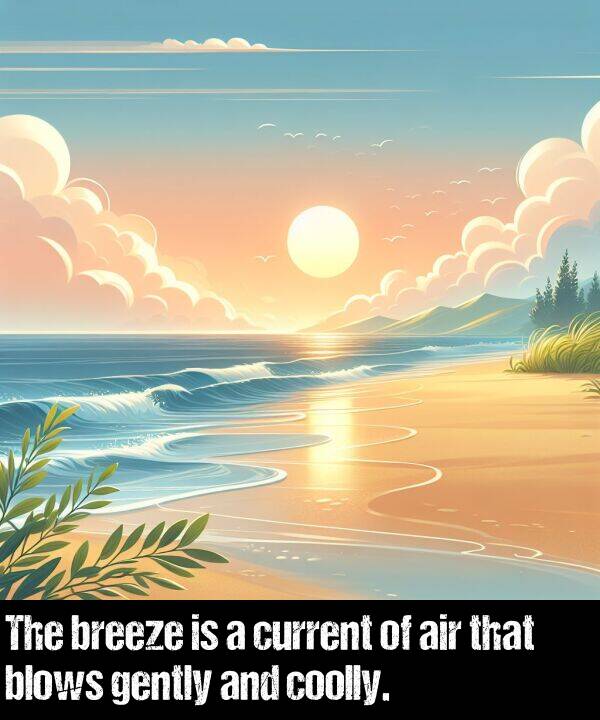 breeze: The breeze is a current of air that blows gently and coolly.