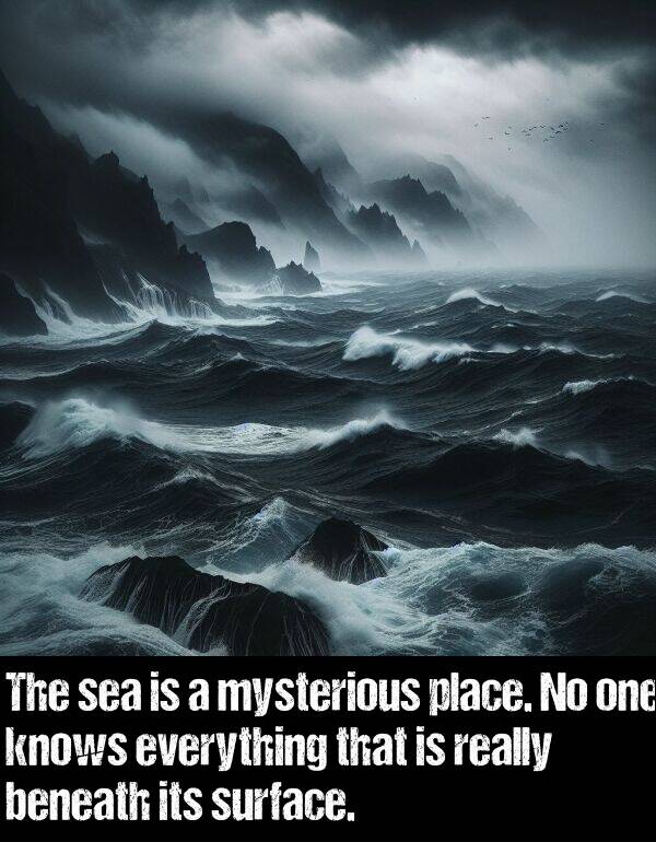 beneath: The sea is a mysterious place. No one knows everything that is really beneath its surface.