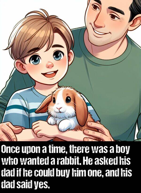 buy: Once upon a time, there was a boy who wanted a rabbit. He asked his dad if he could buy him one, and his dad said yes.