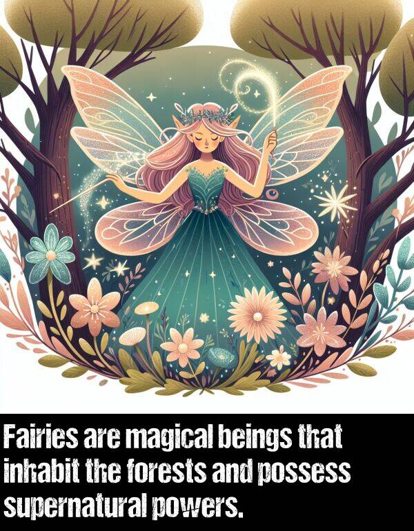 possess: Fairies are magical beings that inhabit the forests and possess supernatural powers.