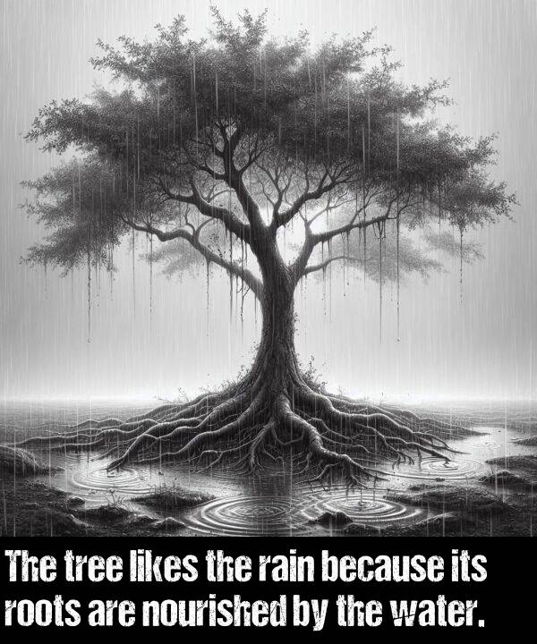 nourished: The tree likes the rain because its roots are nourished by the water.