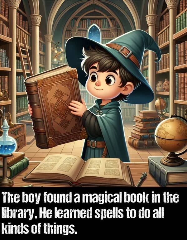 library: The boy found a magical book in the library. He learned spells to do all kinds of things.