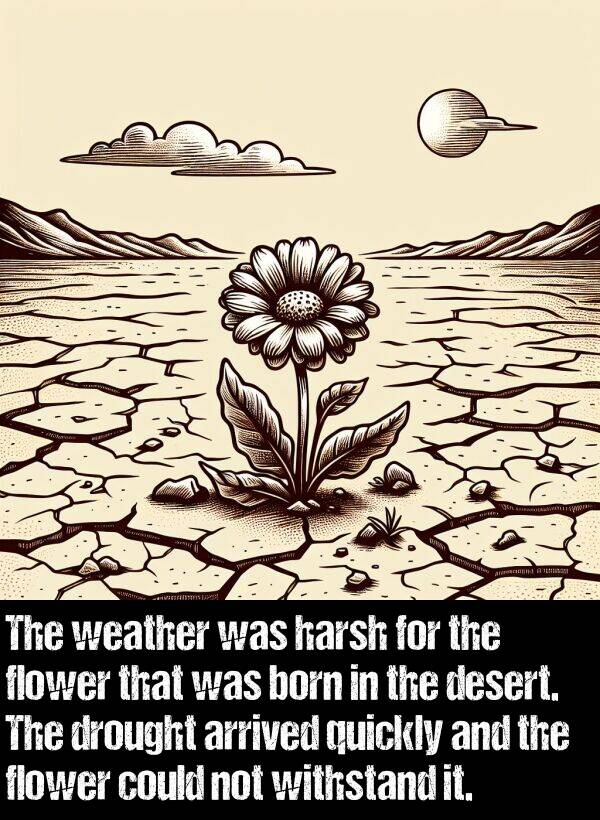 born: The weather was harsh for the flower that was born in the desert. The drought arrived quickly and the flower could not withstand it.