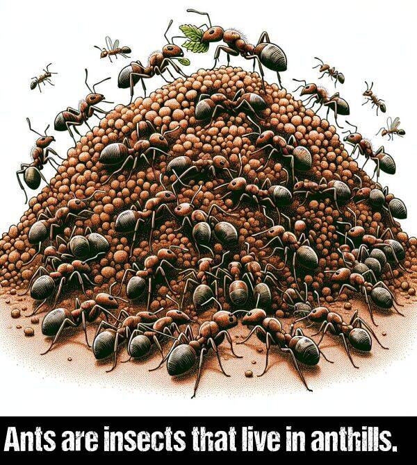 anthills: Ants are insects that live in anthills.