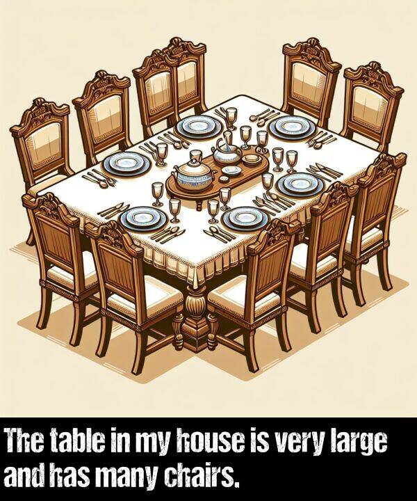 large: The table in my house is very large and has many chairs.