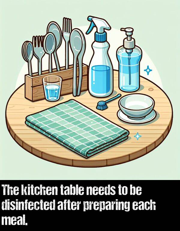 after: The kitchen table needs to be disinfected after preparing each meal.