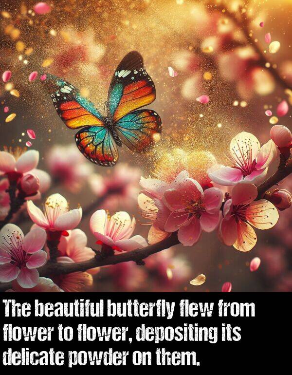 powder: The beautiful butterfly flew from flower to flower, depositing its delicate powder on them.