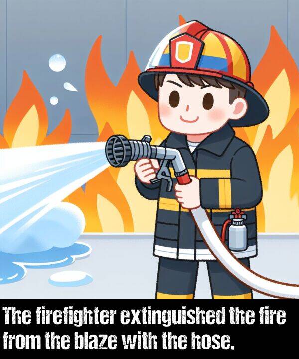 firefighter: The firefighter extinguished the fire from the blaze with the hose.