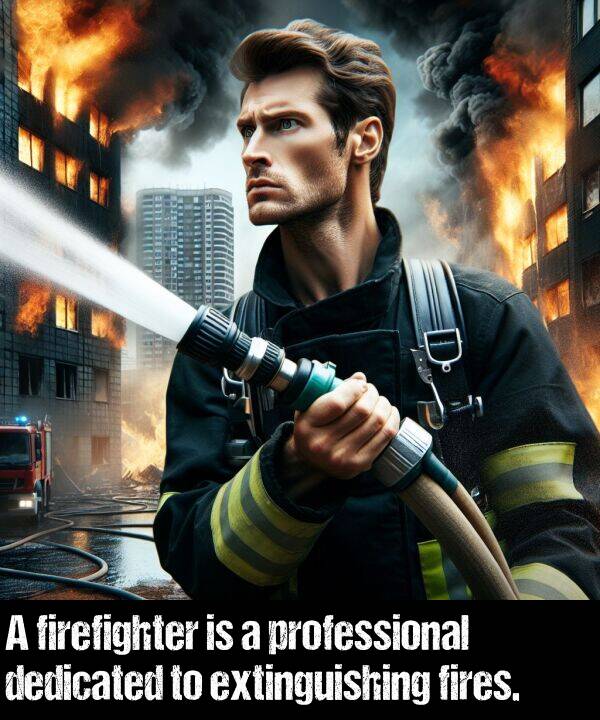 professional: A firefighter is a professional dedicated to extinguishing fires.