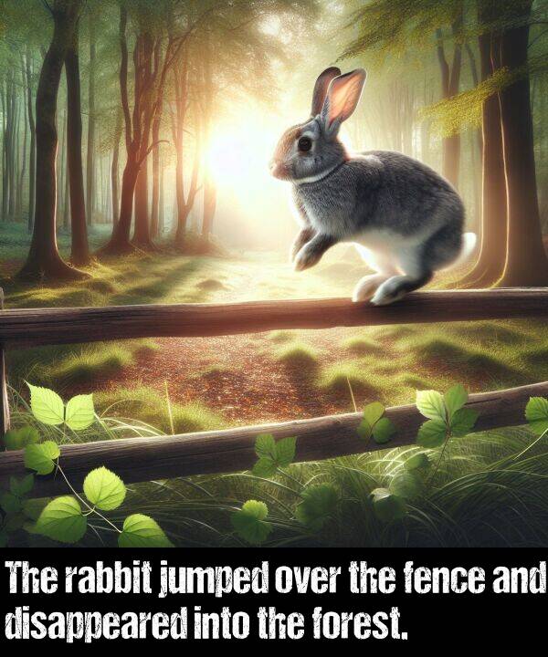 over: The rabbit jumped over the fence and disappeared into the forest.