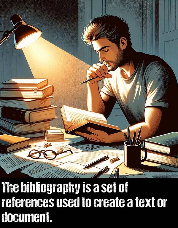 bibliography: The bibliography is a set of references used to create a text or document.