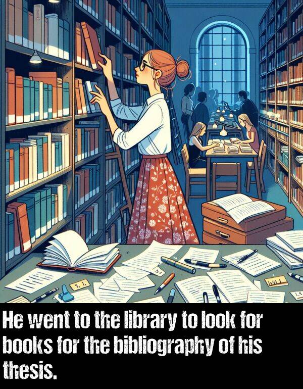 bibliography: He went to the library to look for books for the bibliography of his thesis.