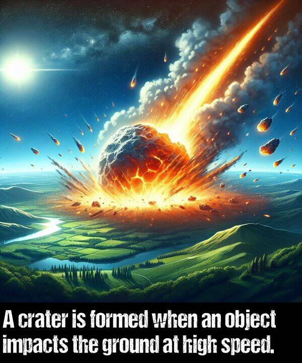 impacts: A crater is formed when an object impacts the ground at high speed.