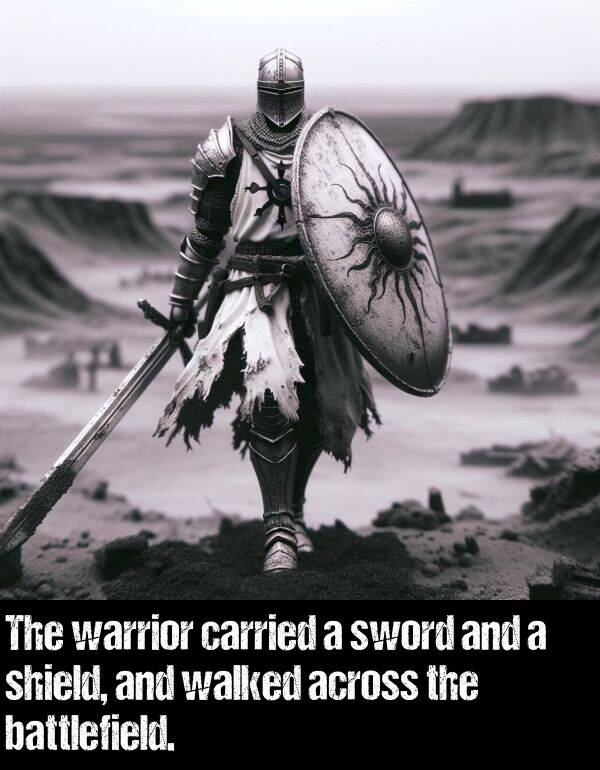 carried: The warrior carried a sword and a shield, and walked across the battlefield.