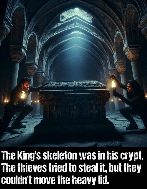 lid: The King's skeleton was in his crypt. The thieves tried to steal it, but they couldn't move the heavy lid.