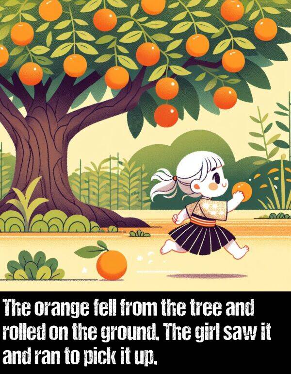 ground: The orange fell from the tree and rolled on the ground. The girl saw it and ran to pick it up.